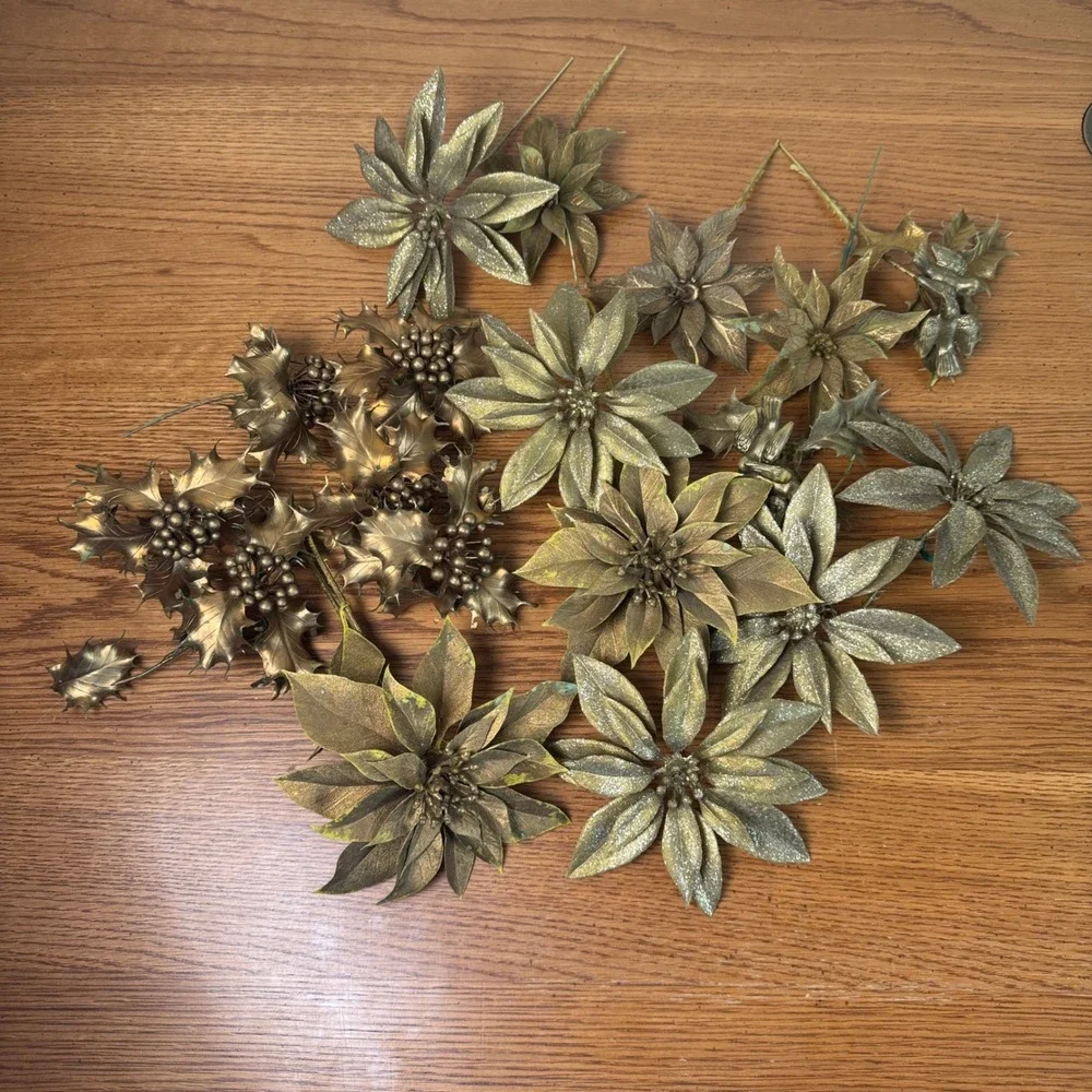 Vintage Metallic Gold Artificial‎ Poinsettia Holly Berry Picks Christmas Decor